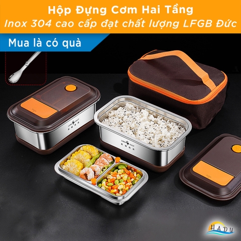 Hộp Cơm Giữ Nhiệt 2 Tầng SSGP 1600ml, Lõi Inox 304, Dùng Lò Vi Sóng, Kèm Túi`, Đạt Chất Lượng LFGB Đức