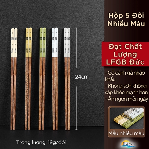 Bộ 5 Đôi Đũa Gỗ Cánh Gà SSGP, Chống Mốc, Chống Trơn, Dài 24cm, Không Sơn, Đạt Chất Lượng LFGB Đức