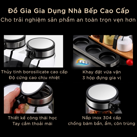 Bộ 3 Hũ Đựng Gia Vị Thủy Tinh SSGP, Nắp Inox 304, Chống Ẩm, Kèm Khay Đựng, Đạt Chất Lượng LFGB Đức