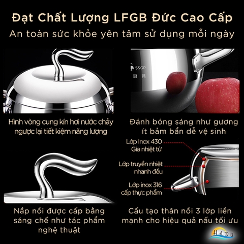 Nồi Inox 316L SSGP Đáy 3 Lớp, Thiết Kế Hình Quả Táo, Dùng Bếp Từ, Đạt Chất Lượng LFGB Đức