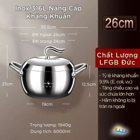 Nồi Inox 316L SSGP Đáy 3 Lớp, Thiết Kế Hình Quả Táo, Dùng Bếp Từ, Đạt Chất Lượng LFGB Đức