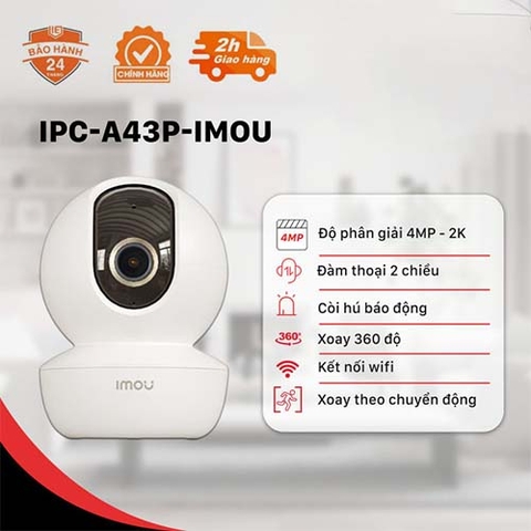 Camera wifi IMOU IPC-A43P 4.0MP (2K) lắp trong nhà (Không màu, quay 360)