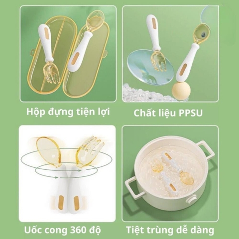 Thìa dĩa tập xúc uốn cong PPSU kèm hộp đựng