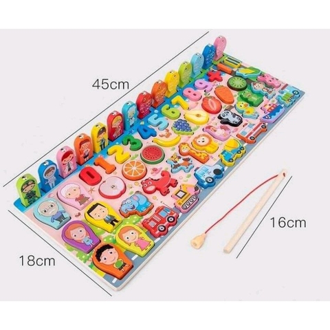 Bộ đồ chơi bảng gỗ 5N1 xếp hình, chữ cái và số,câu cá thông minh