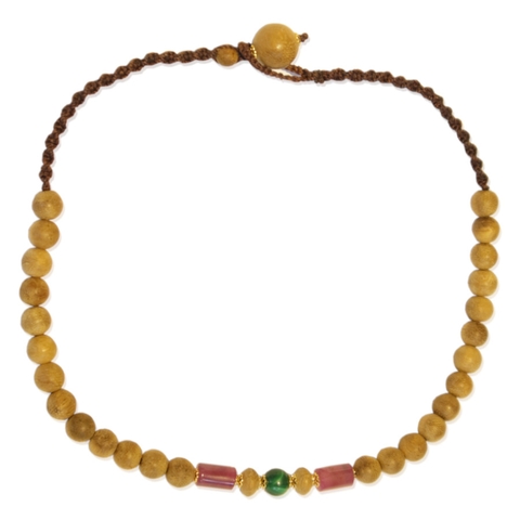 Chuỗi Trầm Hương đeo cổ phối Ruby, Đá lông Công, Chuôi Gold Filled