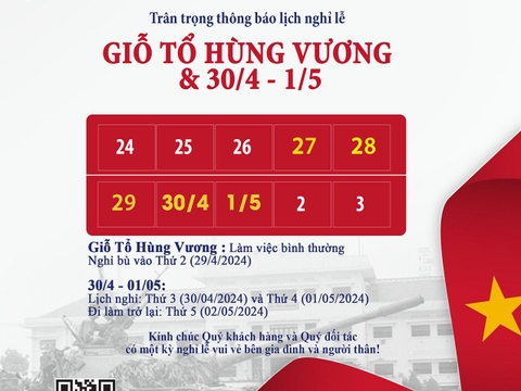 THÔNG BÁO LỊCH NGHỈ LỄ GIỖ TỔ HÙNG VƯƠNG VÀ 30/4 – 1/5