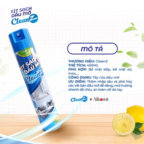 Bình Xịt Tẩy Dầu Mỡ Nhà Bếp CleanZ 450ml Đánh Bay Vết Bẩn Cứng Đầu Trên Xoong Nồi, Tường Gạch, Lưới Máy Hút Mùi