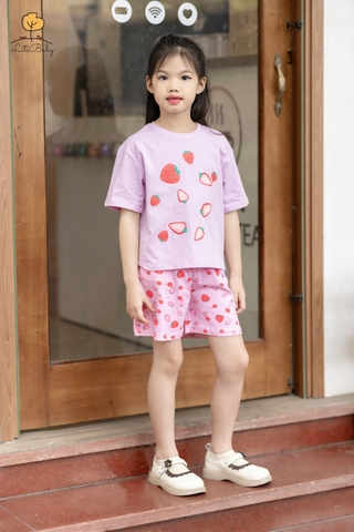 Bộ cotton Bé gái ngắn tay hình dâu tây, kem, Mickey size 2/10 Tuổi