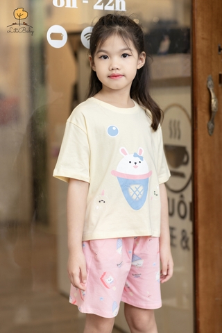 Bộ cotton Bé gái ngắn tay hình dâu tây, kem, Mickey size 2/10 Tuổi