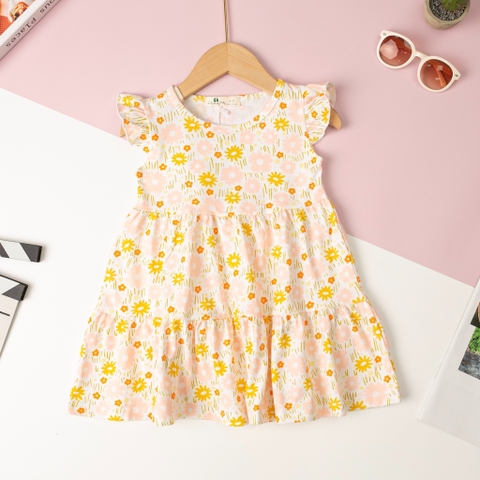 Váy cotton Bé gái tay cánh tiên 3 tầng size 2/12 tuổi