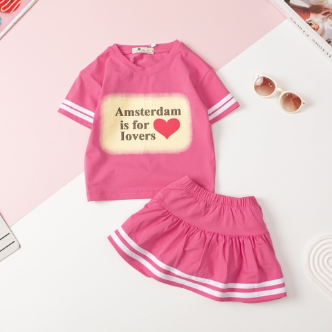 Bộ Bé gái cotton in chữ Amsterdam chân váy Love size 8/12 tuổi