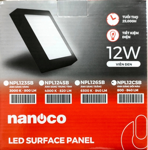 Đèn ốp trần vuông 12W đổi màu, viền đen NANOCO NPL12CSB