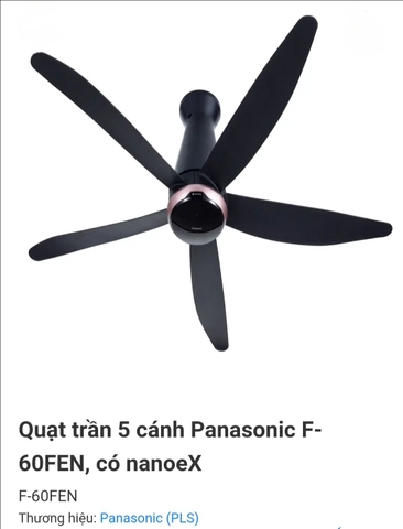 Quạt trần Panasonic 5 cánh, động cơ DC, có remote, nanoeX, màu đen F-60FEN