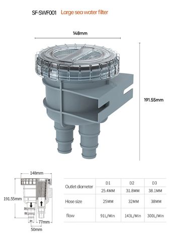 Lọc Rác Nước Biển , công suất 23L/ phút, Phi Ống 25.4mm-31.8mm, 32mm, model: SF-SWF001, Sử dụng lọc rác cho lấy nước làm mát động cơ, máy lạnh