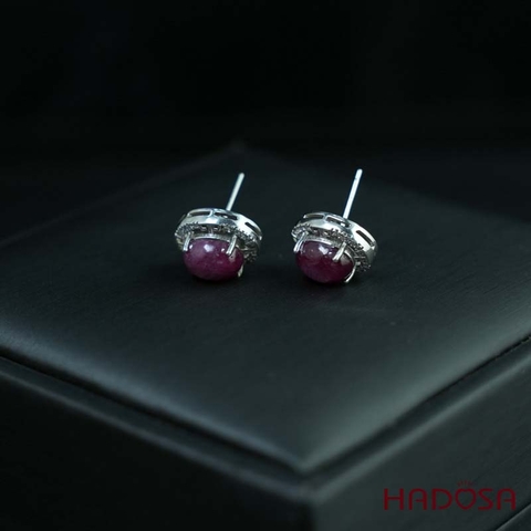 Hoa tai đính đá Ruby Nam Phi oval 6x8mm bạc 925