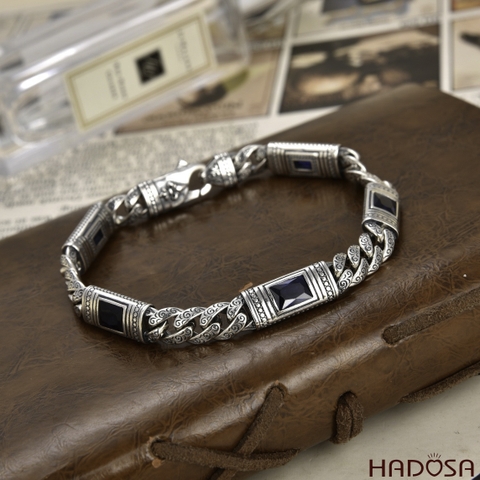 Lắc Tay Nam Bạc Thái Mắt Xích Phối Đá Đen