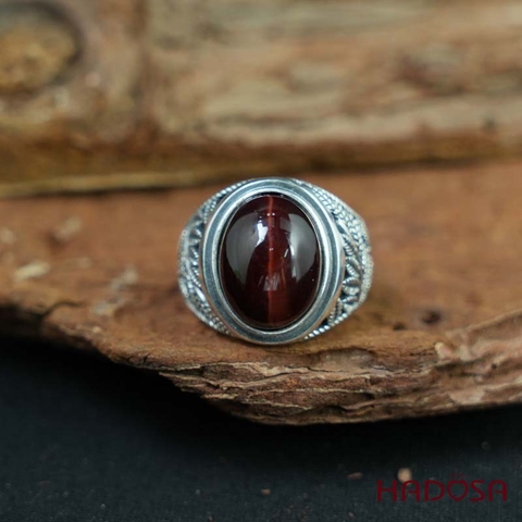 Nhẫn bạc 925 mặt đá mắt hổ nâu đỏ 12x16mm