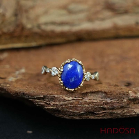 Nhẫn đính đá Lapis oval 7x9mm bạc mạ vàng
