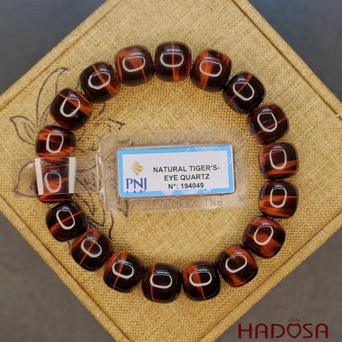 Vòng đá Mắt Hổ nâu đỏ hạt trụ 12mm chuẩn 6A