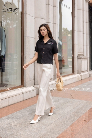SONO - Áo linen cổ danton thêu nắp túi