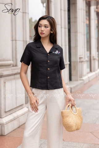 SONO - Áo linen cổ danton thêu nắp túi