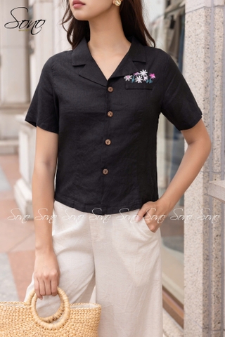 SONO - Áo linen cổ danton thêu nắp túi