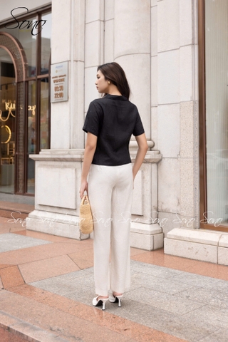 SONO - Áo linen cổ danton thêu nắp túi