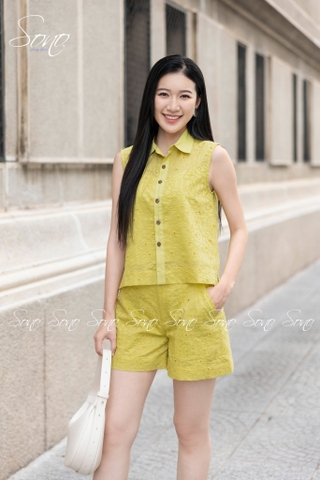 SONO- Set short cổ sơ mi tơ thêu nhật