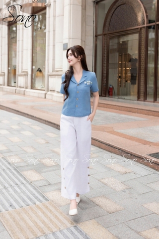 SONO - Áo linen cổ danton thêu nắp túi