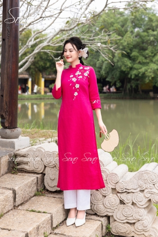 SONO - Áo dài hồng sen thêu cành hoa