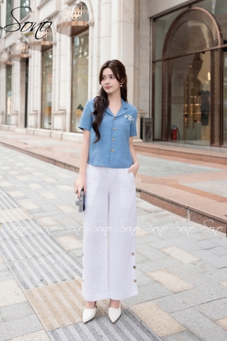 SONO - Áo linen cổ danton thêu nắp túi