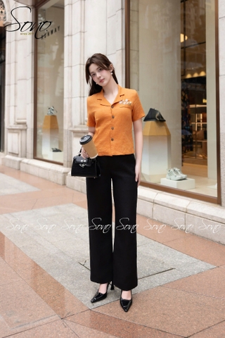 SONO - Áo linen cổ danton thêu nắp túi