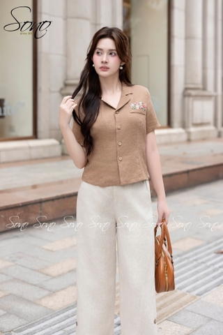 SONO - Áo linen cổ danton thêu nắp túi