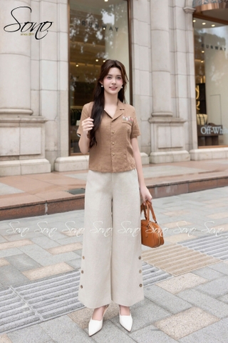 SONO - Áo linen cổ danton thêu nắp túi