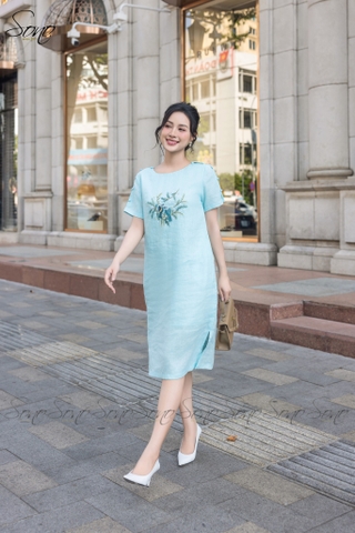 SONO - Đầm linen nút bọc tay thêu chim