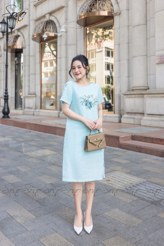 SONO - Đầm linen nút bọc tay thêu chim