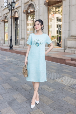 SONO - Đầm linen nút bọc tay thêu chim