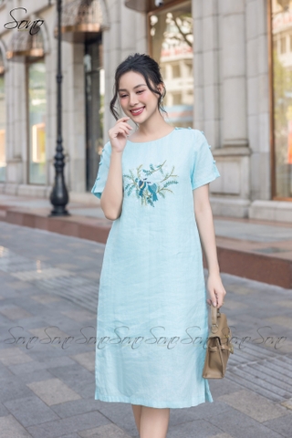 SONO - Đầm linen nút bọc tay thêu chim
