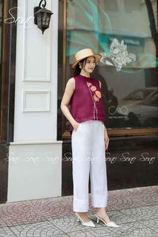 SONO - Áo linen sát nách vẽ búp sen