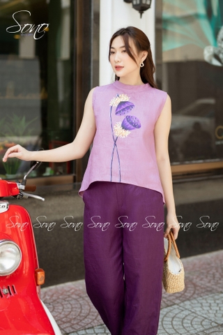 SONO - Áo linen sát nách vẽ búp sen