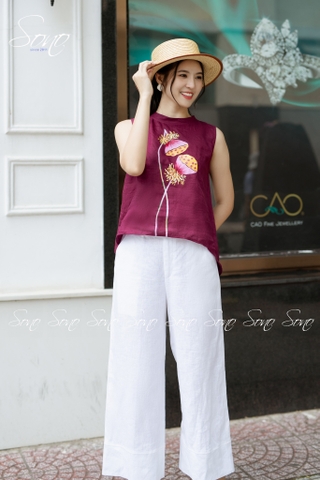 SONO - Áo linen sát nách vẽ búp sen