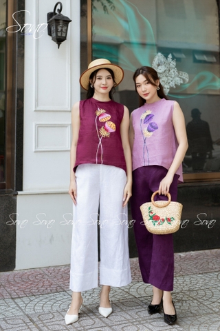 SONO - Áo linen sát nách vẽ búp sen