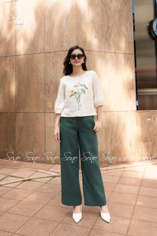 SONO - Áo linen tay lồng đèn thêu hoa cam