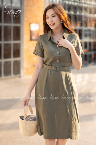SONO - Đầm sơ mi linen kèm belt