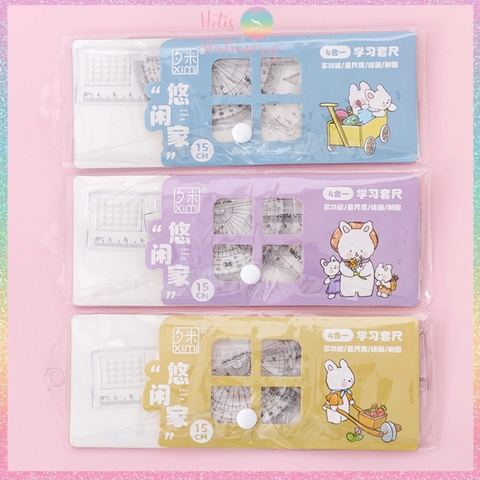 Bộ thước eke 4 món Hotis đo độ, đo góc trong suốt