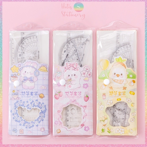 Bộ thước eke 4 món Hotis đo độ, đo góc trong suốt