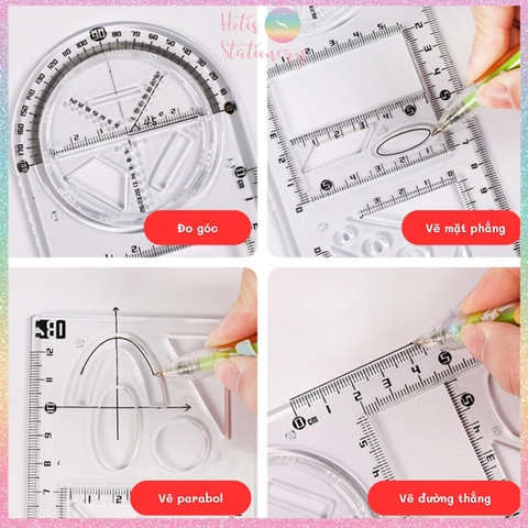 Thước kẻ đa năng HOTIS thước vẽ hình học đa chức năng hỗ trợ học toán