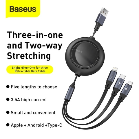 Cáp sạc dây rút 3 đầu thế hệ mới Baseus Bright Mirror (Type C/Micro USB/ Lightning, 3.5A/1.2m, Fast Charge & Data Cable)