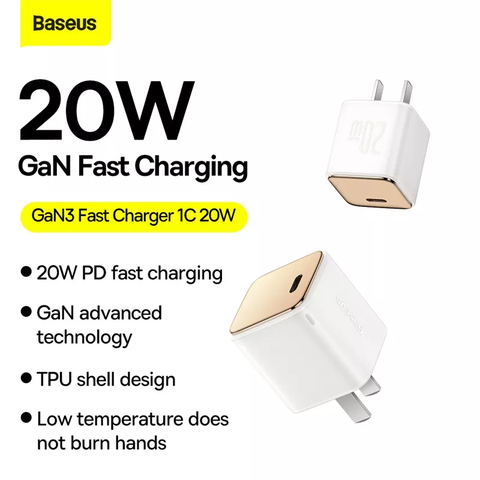 Củ Sạc Nhanh, Siêu Nhỏ Gọn Baseus GaN3 1C 20W cho iPhone/ iPad/ Samsung/ Xiaomi/ Huawei (PD/ QC Multi Quick Charge Support, Smart Protect)