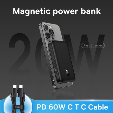 Pin dự phòng không dây tích hợp nam châm Baseus Magnetic Wireless Charging Power bank 6000mAh / 10000mAh 20W (With Baseus Xiaobai series Cable Type-C to Type-C 60W(20V/3A) 50cm)